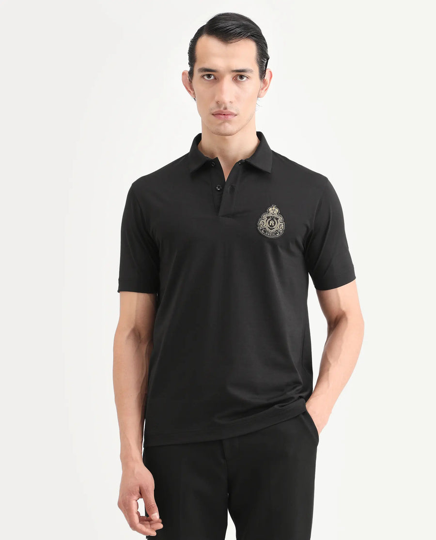 Rare Rabbit Men's Bage Black Cotton Blend Fabric Half Sleeve Spread Collar Regular Fit Plain Polo