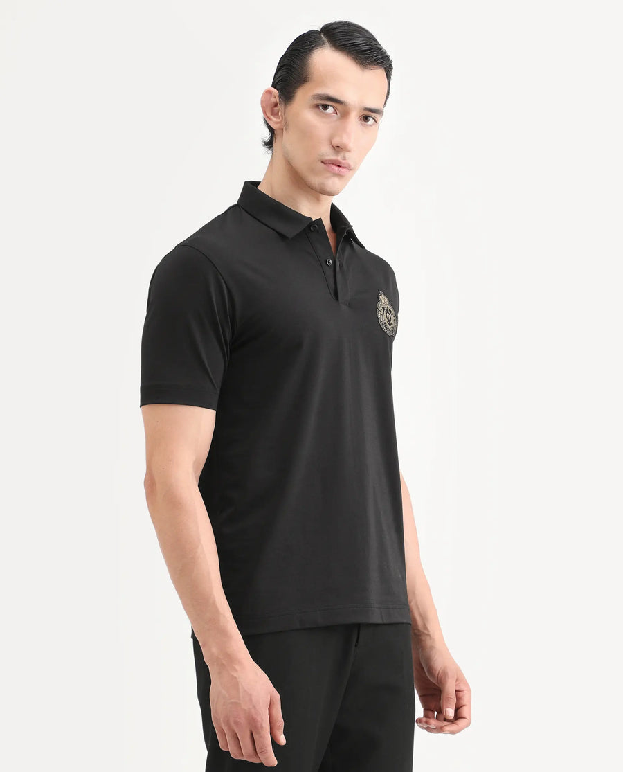 Rare Rabbit Men's Bage Black Cotton Blend Fabric Half Sleeve Spread Collar Regular Fit Plain Polo