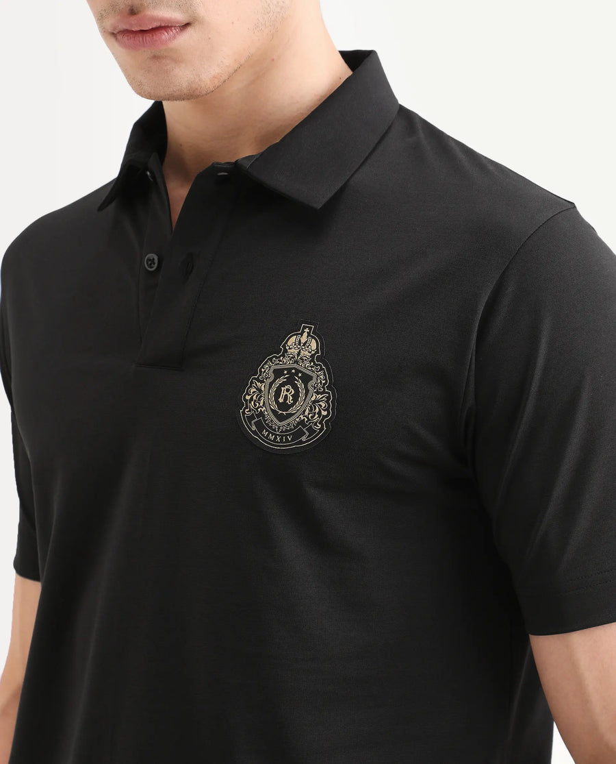 Rare Rabbit Men's Bage Black Cotton Blend Fabric Half Sleeve Spread Collar Regular Fit Plain Polo