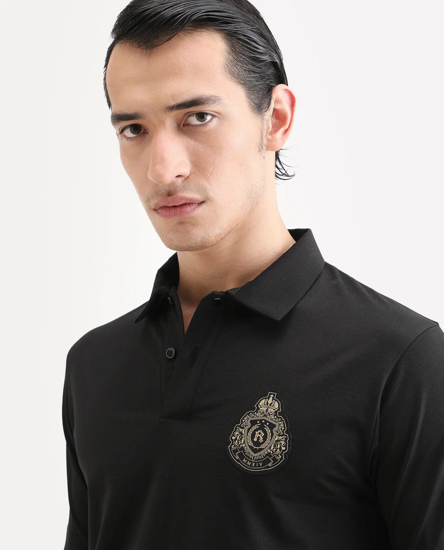 Rare Rabbit Men's Bage Black Cotton Blend Fabric Half Sleeve Spread Collar Regular Fit Plain Polo