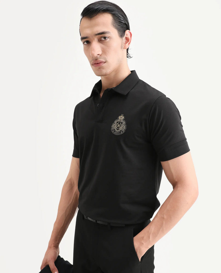 Rare Rabbit Men's Bage Black Cotton Blend Fabric Half Sleeve Spread Collar Regular Fit Plain Polo