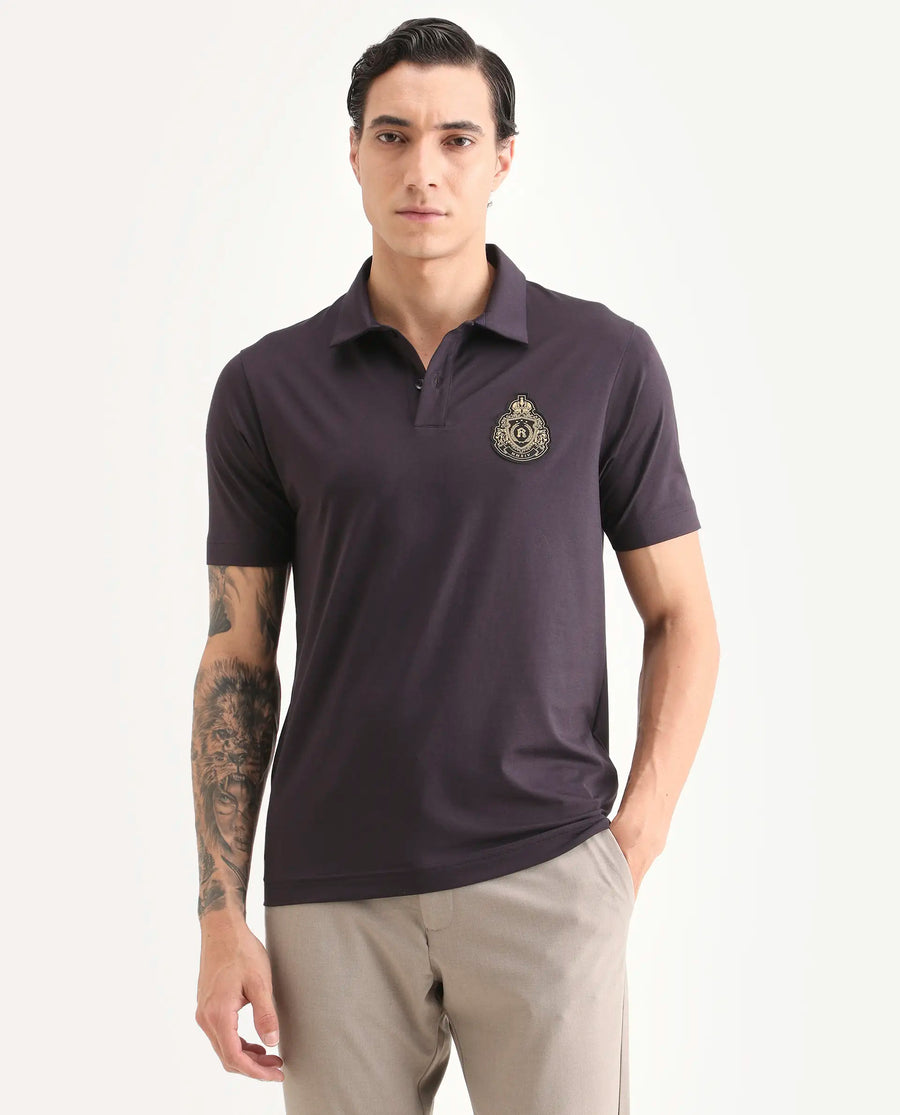 Rare Rabbit Men's Bage Flouroscent Purple Cotton Blend Fabric Half Sleeve Spread Collar Regular Fit Plain Polo