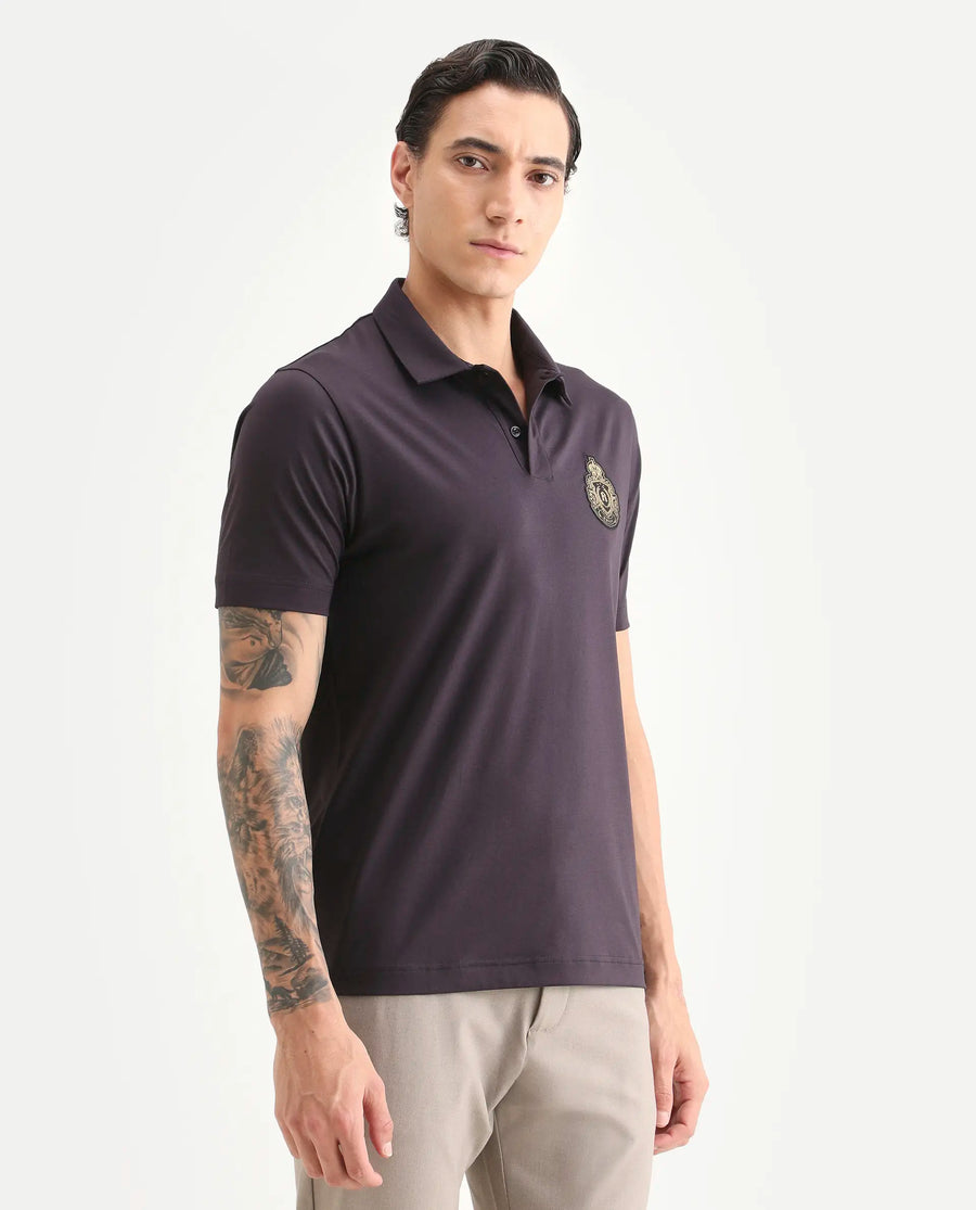 Rare Rabbit Men's Bage Flouroscent Purple Cotton Blend Fabric Half Sleeve Spread Collar Regular Fit Plain Polo