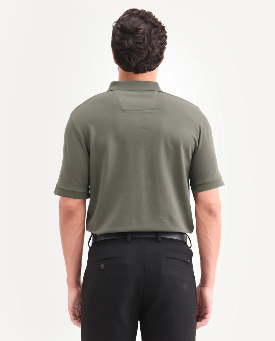 Rare Rabbit Men's Boro Dusky Olive Cotton Blend Fabric Half Sleeve Spread Collar Regular Fit Plain Polo