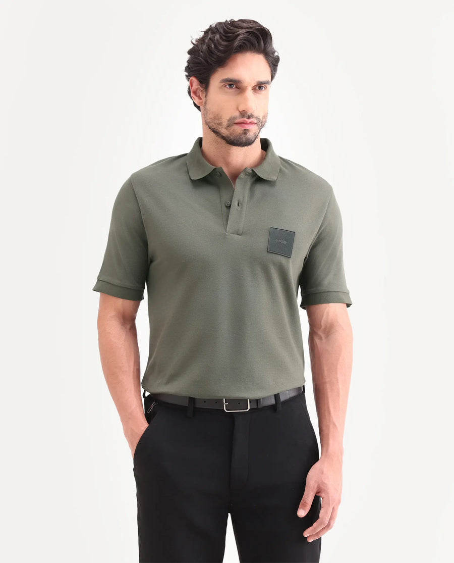 Rare Rabbit Men's Boro Dusky Olive Cotton Blend Fabric Half Sleeve Spread Collar Regular Fit Plain Polo