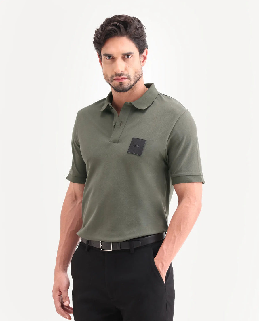 Rare Rabbit Men's Boro Dusky Olive Cotton Blend Fabric Half Sleeve Spread Collar Regular Fit Plain Polo
