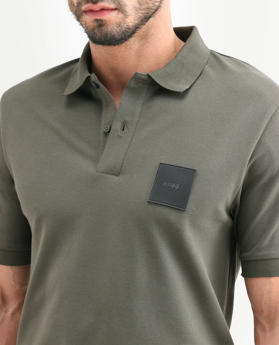 Rare Rabbit Men's Boro Dusky Olive Cotton Blend Fabric Half Sleeve Spread Collar Regular Fit Plain Polo