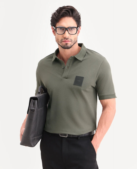 Rare Rabbit Men's Boro Dusky Olive Cotton Blend Fabric Half Sleeve Spread Collar Regular Fit Plain Polo