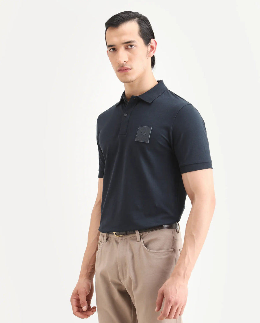 Rare Rabbit Men's Boro Dark Navy Cotton Blend Fabric Half Sleeve Spread Collar Regular Fit Plain Polo
