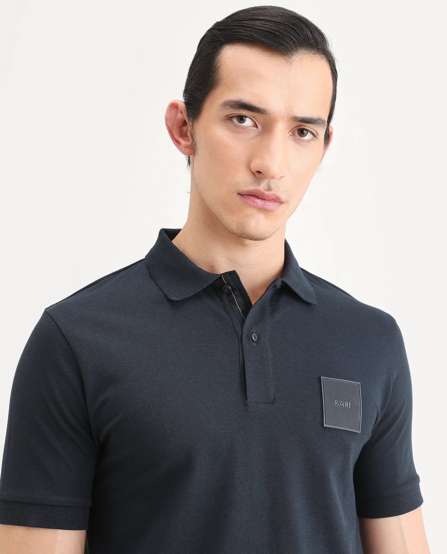 Rare Rabbit Men's Boro Dark Navy Cotton Blend Fabric Half Sleeve Spread Collar Regular Fit Plain Polo