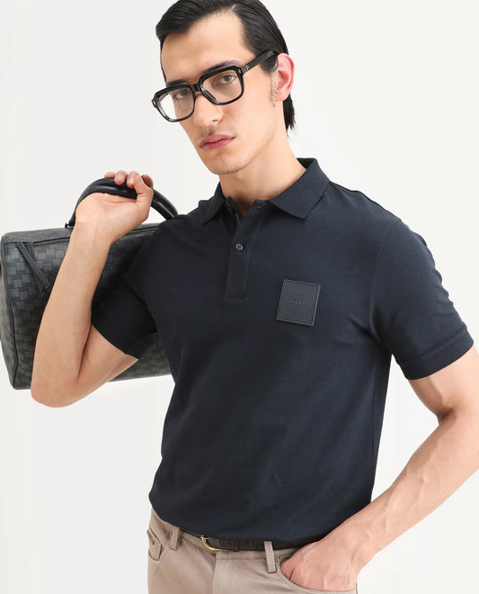 Rare Rabbit Men's Boro Dark Navy Cotton Blend Fabric Half Sleeve Spread Collar Regular Fit Plain Polo