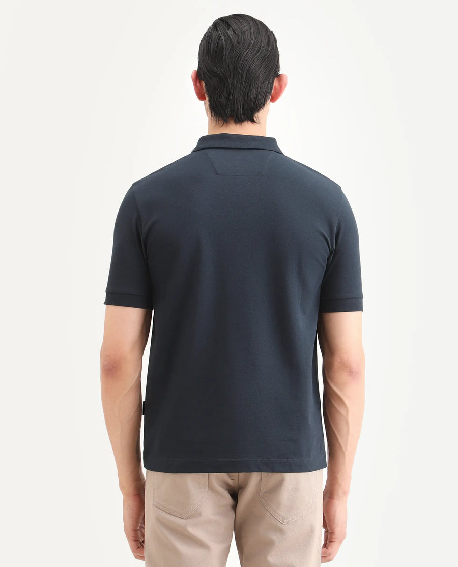 Rare Rabbit Men's Boro Dark Navy Cotton Blend Fabric Half Sleeve Spread Collar Regular Fit Plain Polo