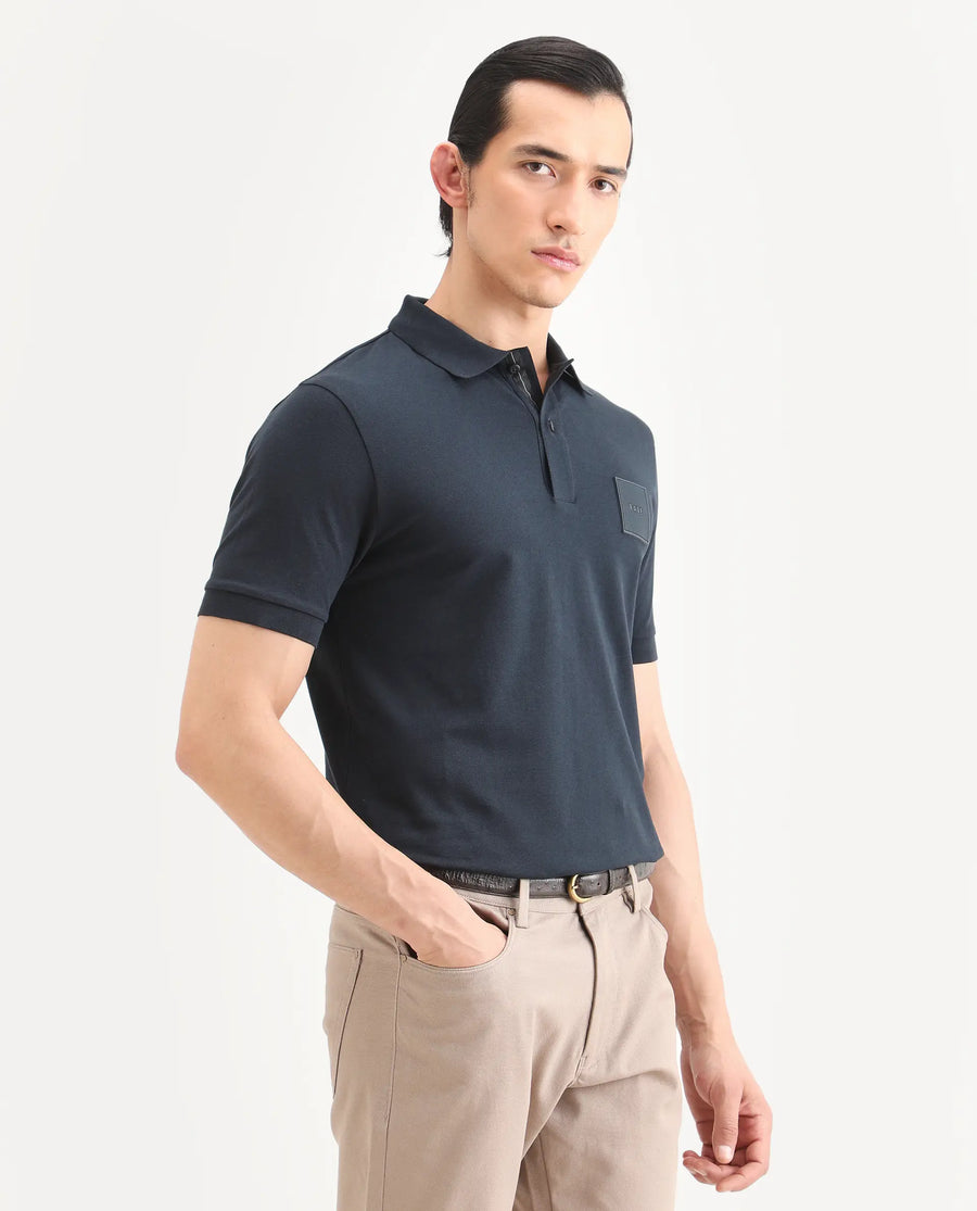 Rare Rabbit Men's Boro Dark Navy Cotton Blend Fabric Half Sleeve Spread Collar Regular Fit Plain Polo