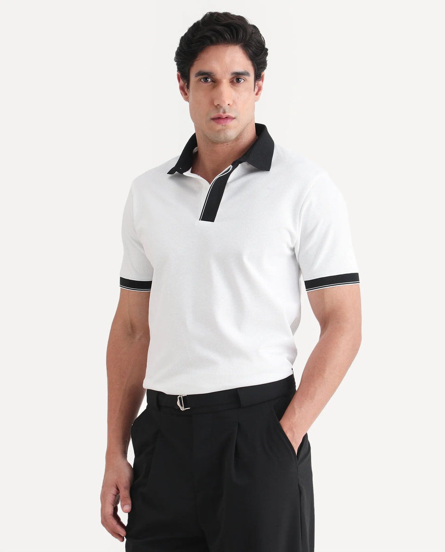 Rare Rabbit Men's Chob White Cotton Blend Fabric Half Sleeve Spread Collar Regular Fit Plain Polo