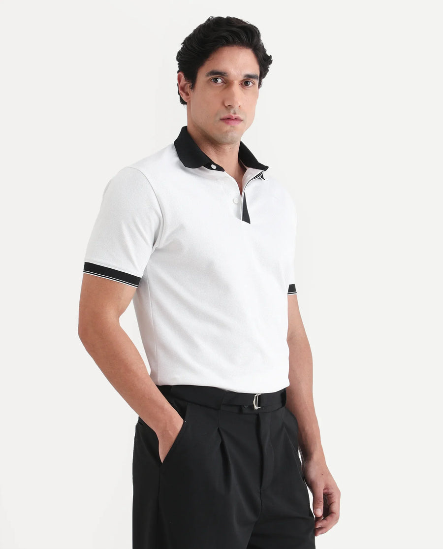 Rare Rabbit Men's Chob White Cotton Blend Fabric Half Sleeve Spread Collar Regular Fit Plain Polo