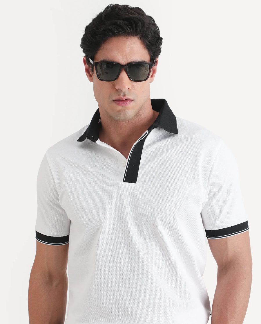 Rare Rabbit Men's Chob White Cotton Blend Fabric Half Sleeve Spread Collar Regular Fit Plain Polo