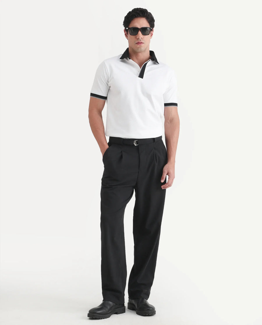 Rare Rabbit Men's Chob White Cotton Blend Fabric Half Sleeve Spread Collar Regular Fit Plain Polo