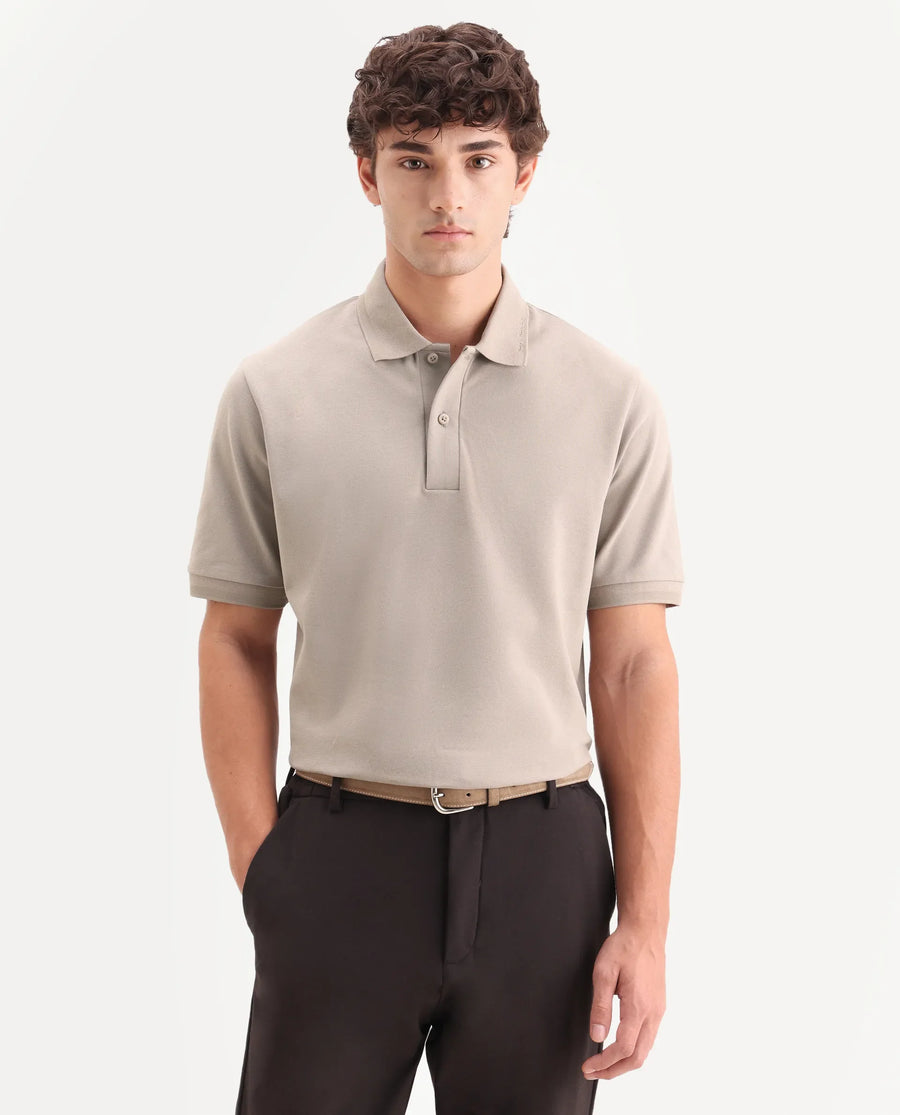 Rare Rabbit Men's Clak Beige Cotton Blend Fabric Half Sleeve Spread Collar Regular Fit Plain Polo