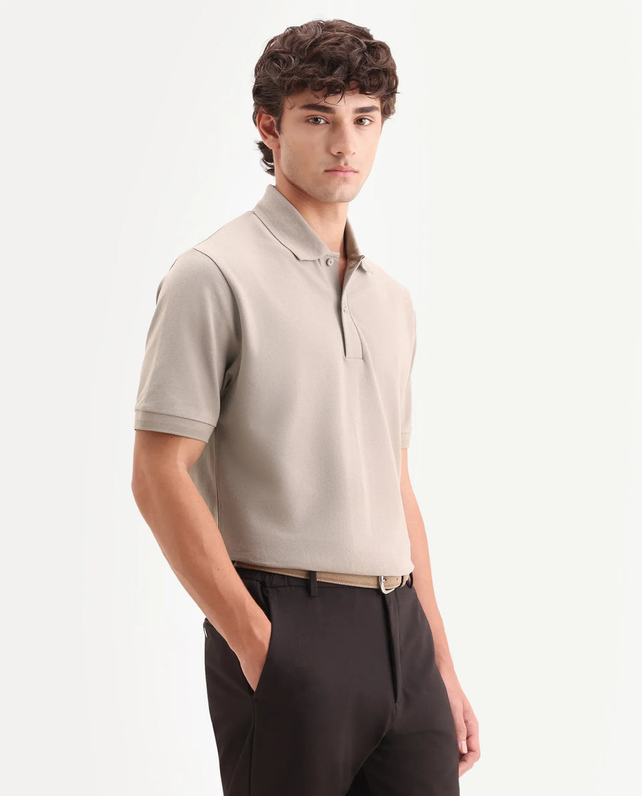 Rare Rabbit Men's Clak Beige Cotton Blend Fabric Half Sleeve Spread Collar Regular Fit Plain Polo