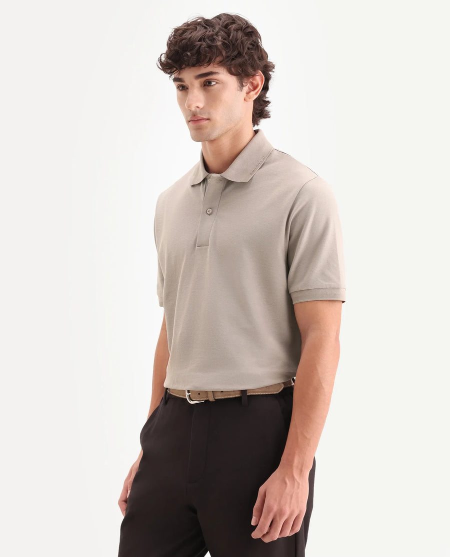 Rare Rabbit Men's Clak Beige Cotton Blend Fabric Half Sleeve Spread Collar Regular Fit Plain Polo