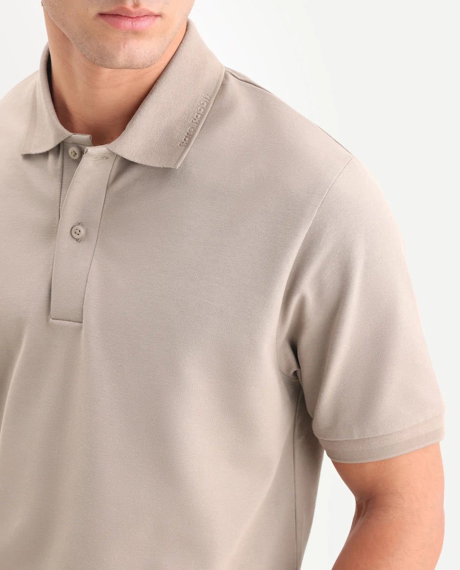 Rare Rabbit Men's Clak Beige Cotton Blend Fabric Half Sleeve Spread Collar Regular Fit Plain Polo