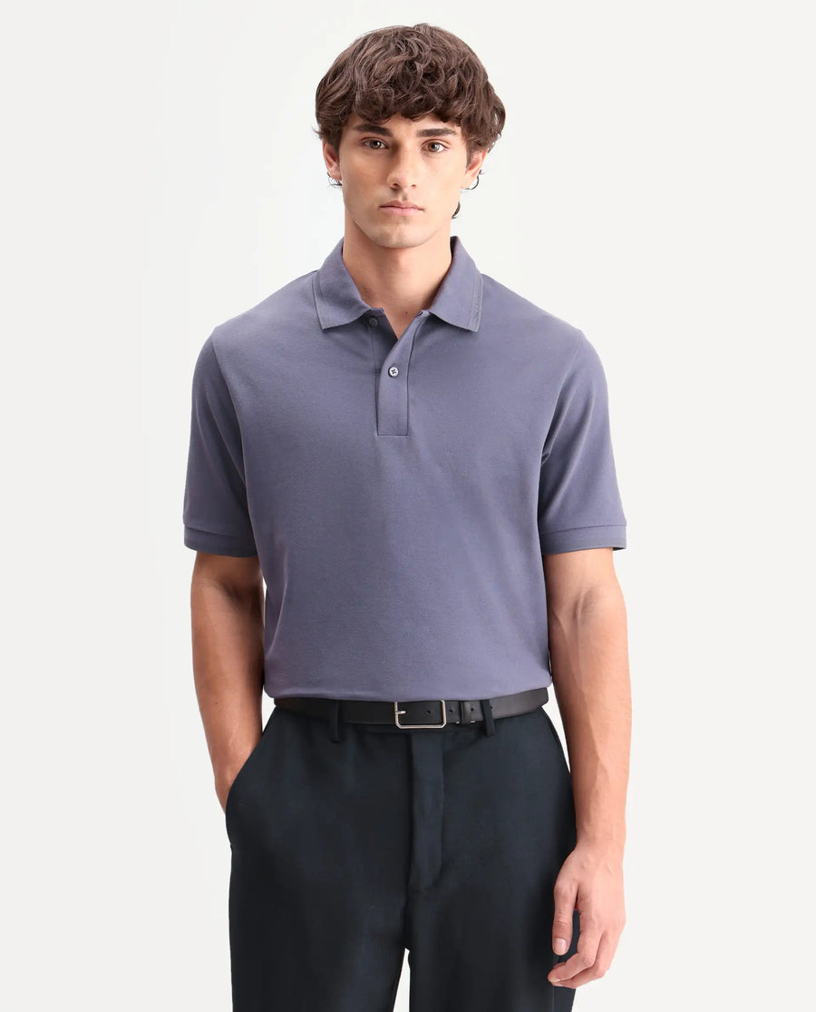 Rare Rabbit Men's Clak Dark Purple Cotton Blend Fabric Half Sleeve Spread Collar Regular Fit Plain Polo