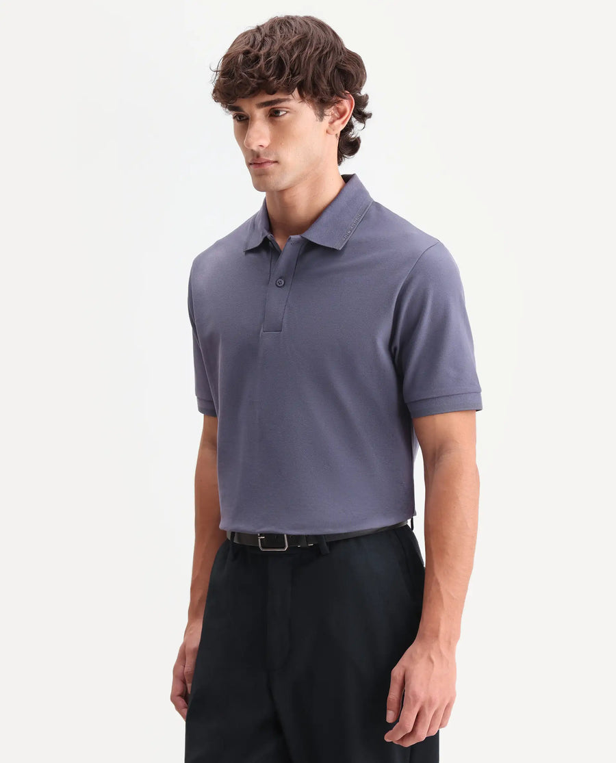 Rare Rabbit Men's Clak Dark Purple Cotton Blend Fabric Half Sleeve Spread Collar Regular Fit Plain Polo