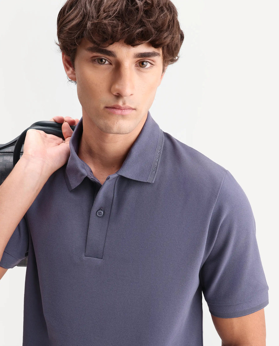 Rare Rabbit Men's Clak Dark Purple Cotton Blend Fabric Half Sleeve Spread Collar Regular Fit Plain Polo