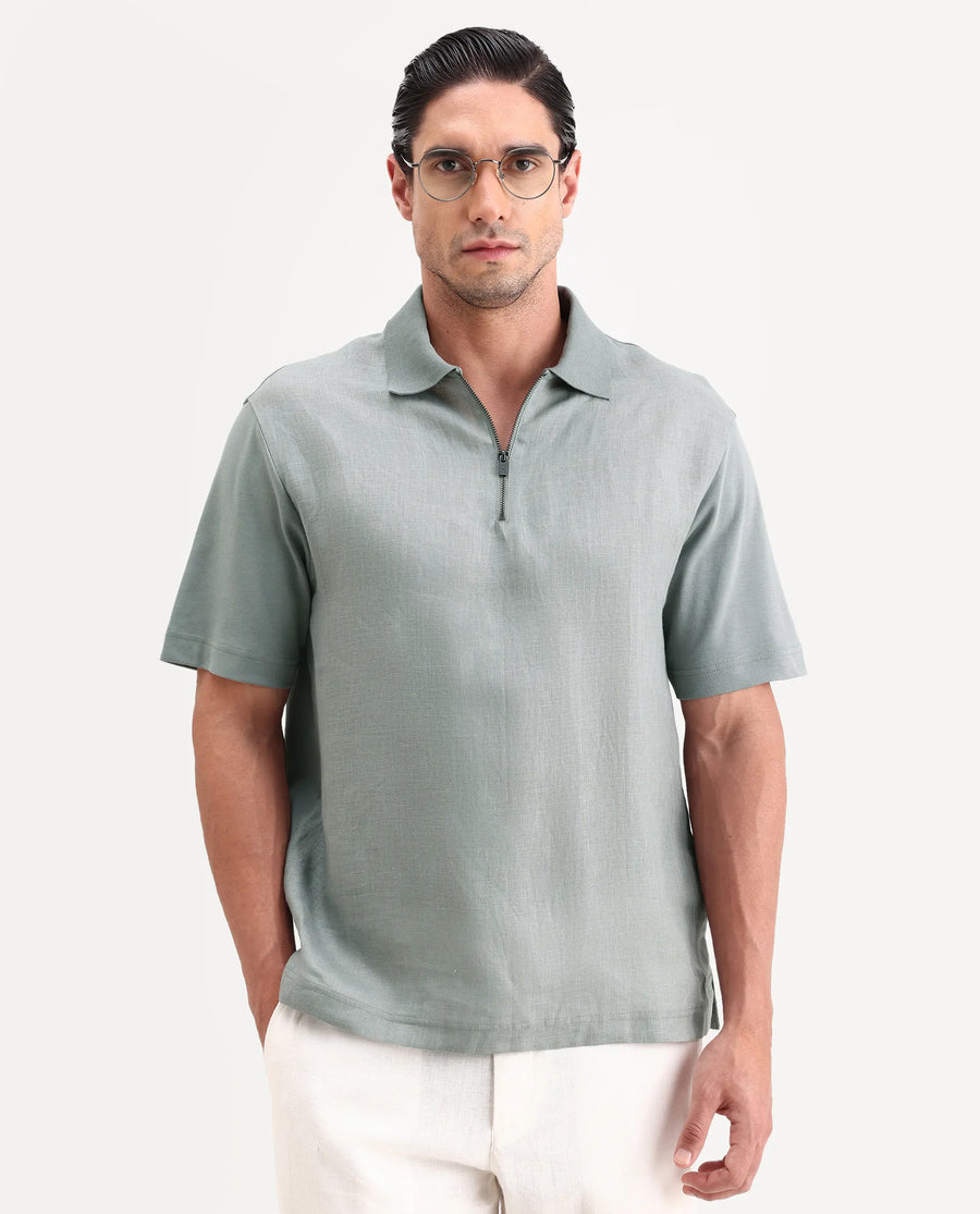 Rare Rabbit Men's Cosma-S26 Light Grey Linen Blend Fabric Half Sleeve Spread Collar Regular Fit Plain Polo