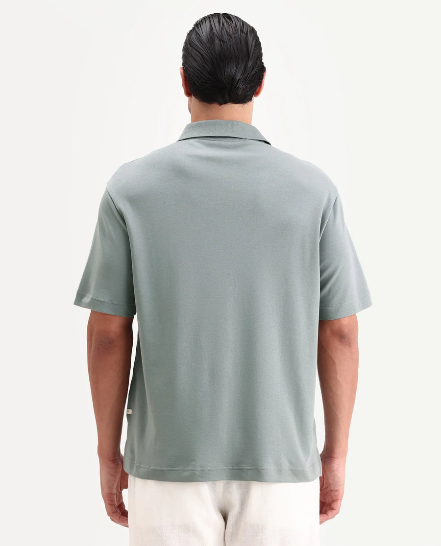 Rare Rabbit Men's Cosma-S26 Light Grey Linen Blend Fabric Half Sleeve Spread Collar Regular Fit Plain Polo