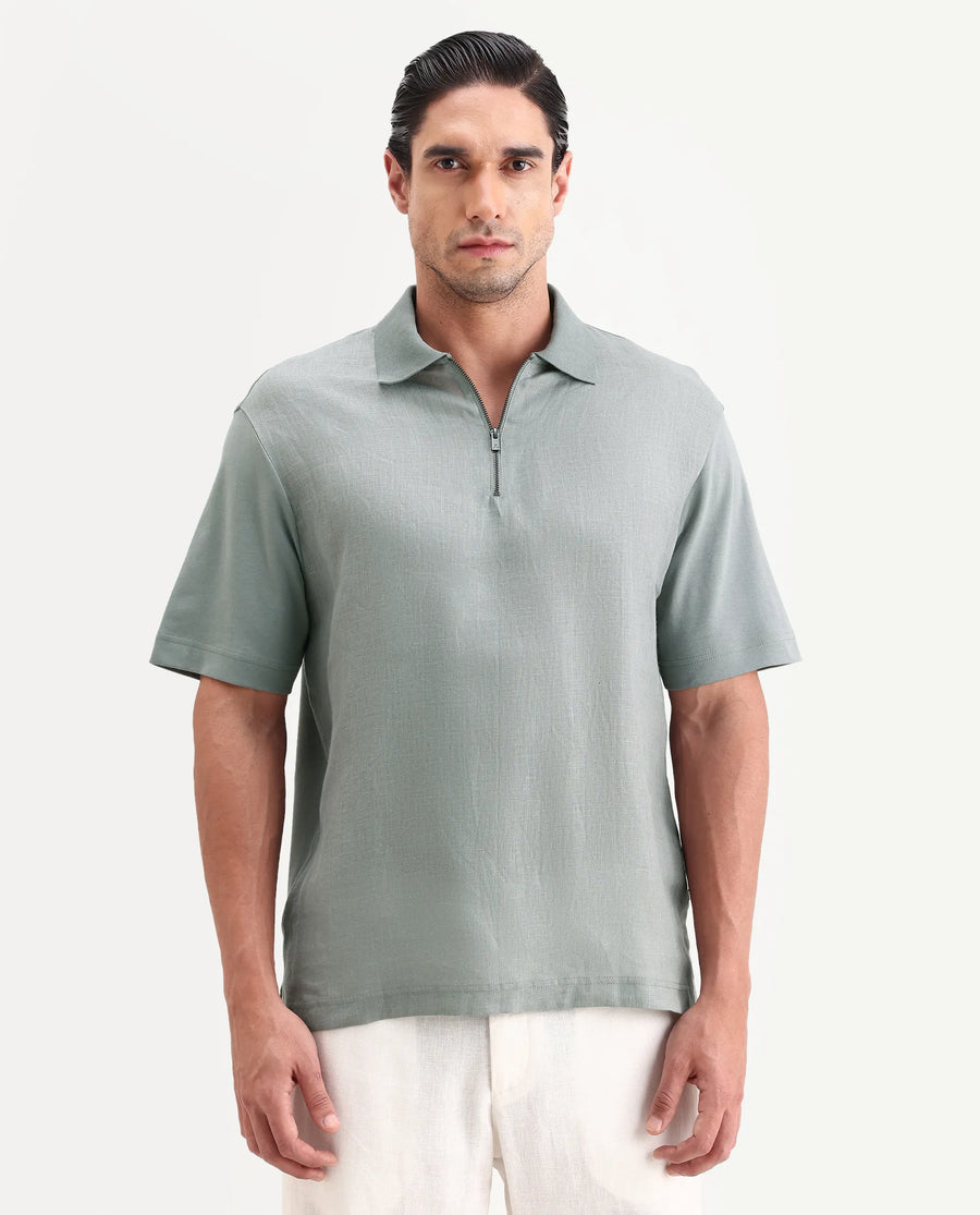 Rare Rabbit Men's Cosma-S26 Light Grey Linen Blend Fabric Half Sleeve Spread Collar Regular Fit Plain Polo