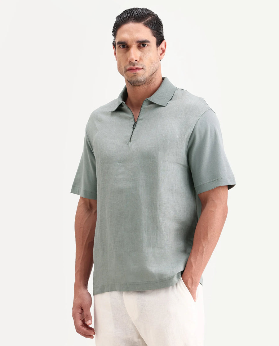 Rare Rabbit Men's Cosma-S26 Light Grey Linen Blend Fabric Half Sleeve Spread Collar Regular Fit Plain Polo