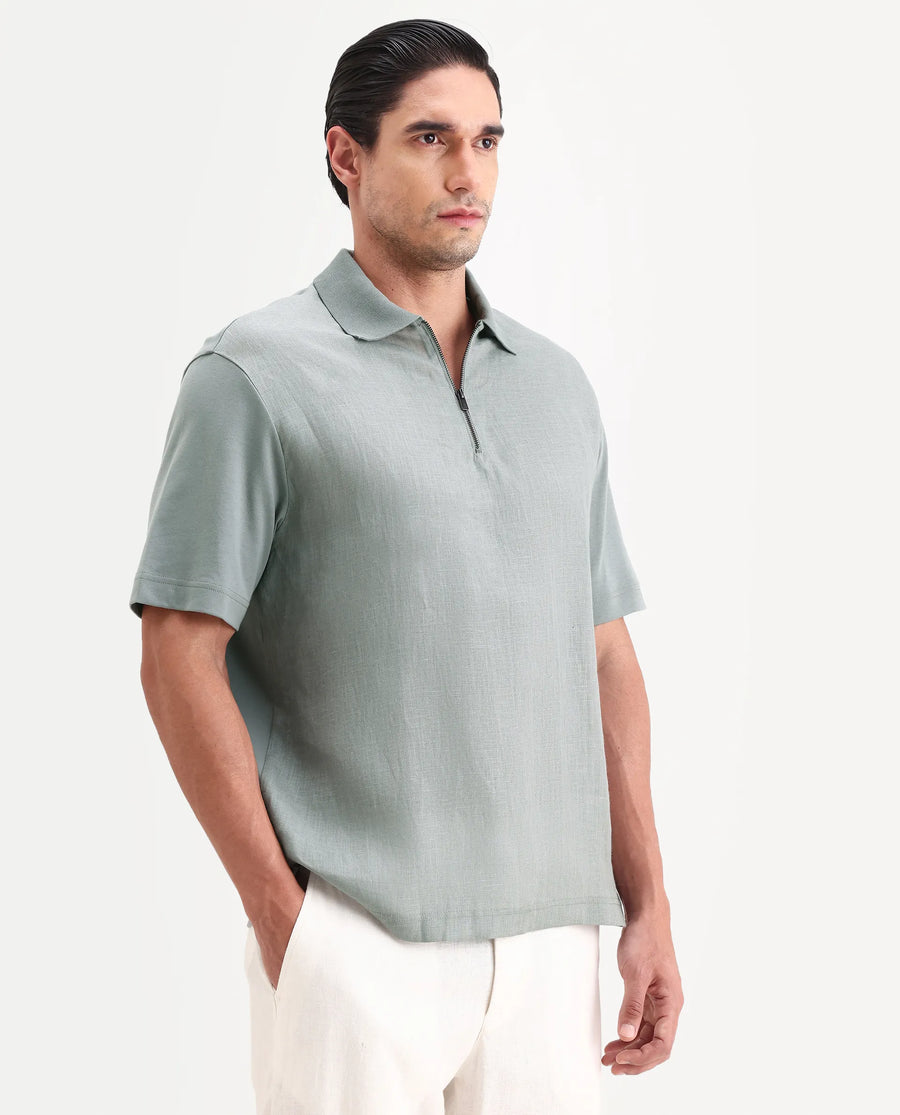 Rare Rabbit Men's Cosma-S26 Light Grey Linen Blend Fabric Half Sleeve Spread Collar Regular Fit Plain Polo