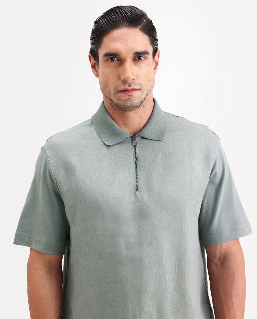 Rare Rabbit Men's Cosma-S26 Light Grey Linen Blend Fabric Half Sleeve Spread Collar Regular Fit Plain Polo
