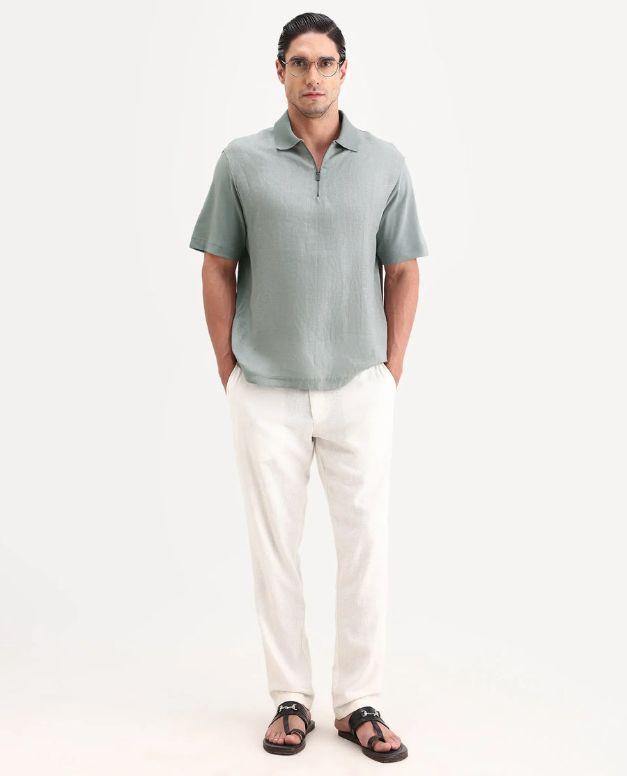 Rare Rabbit Men's Cosma-S26 Light Grey Linen Blend Fabric Half Sleeve Spread Collar Regular Fit Plain Polo