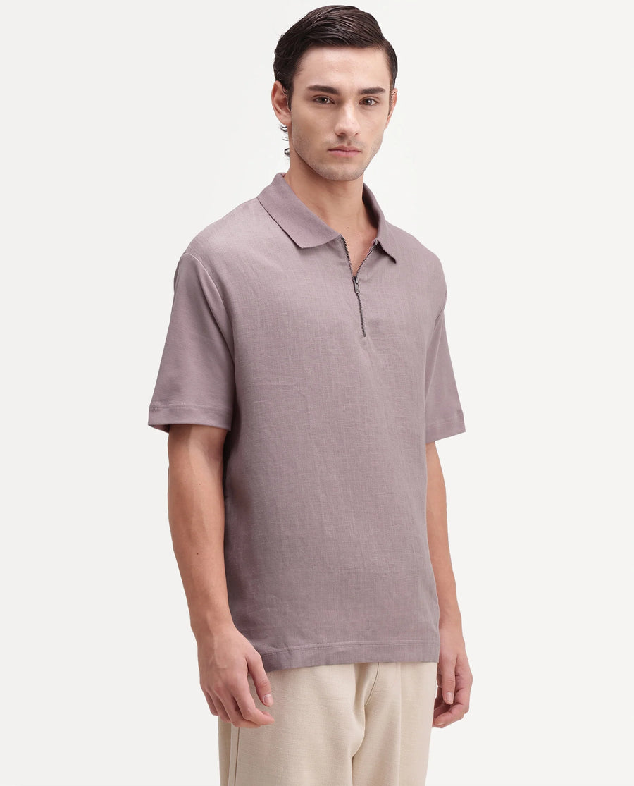 Rare Rabbit Men's Cosma-S26 Dusky Pink Linen Blend Fabric Half Sleeve Spread Collar Regular Fit Plain Polo