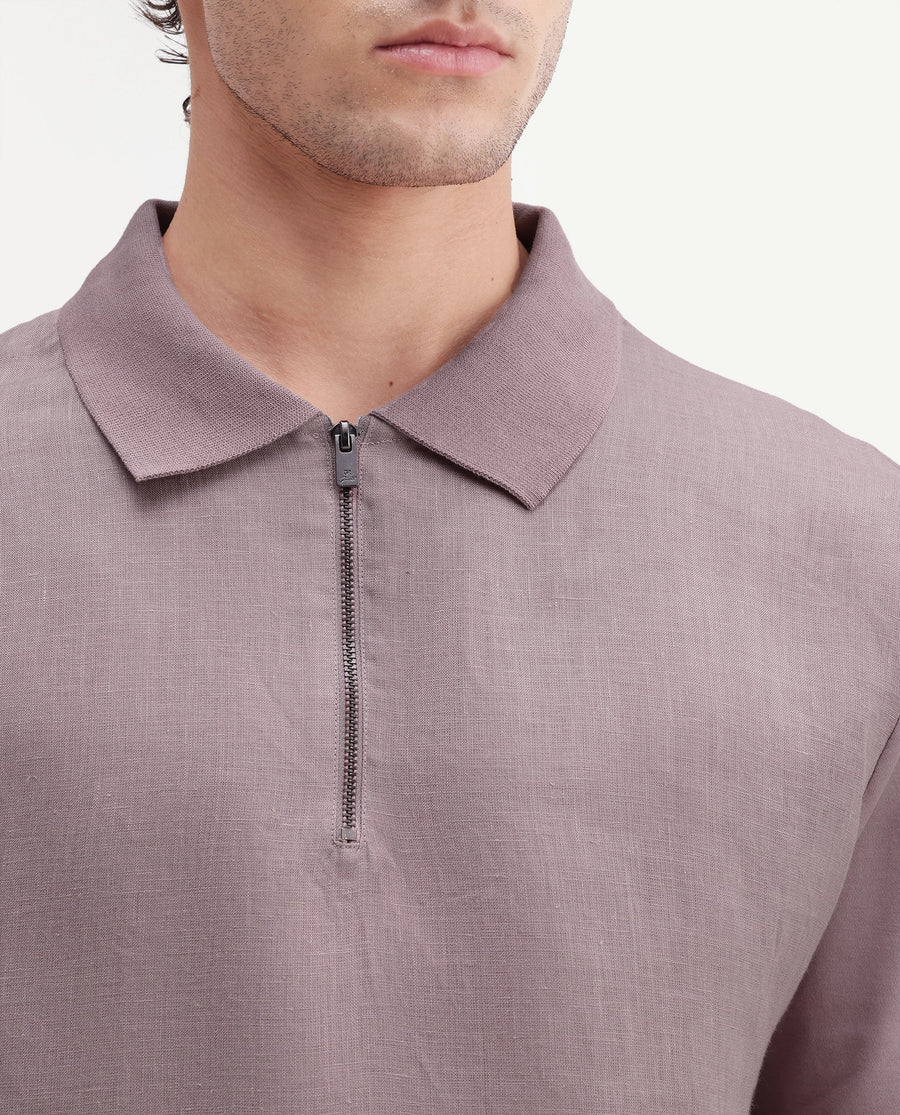 Rare Rabbit Men's Cosma-S26 Dusky Pink Linen Blend Fabric Half Sleeve Spread Collar Regular Fit Plain Polo