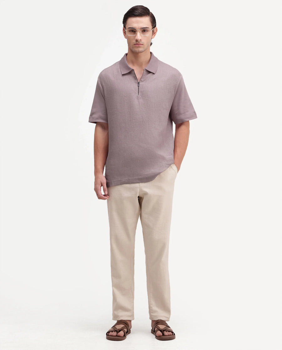 Rare Rabbit Men's Cosma-S26 Dusky Pink Linen Blend Fabric Half Sleeve Spread Collar Regular Fit Plain Polo