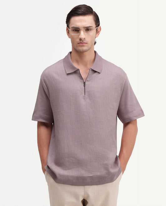 Rare Rabbit Men's Cosma-S26 Dusky Pink Linen Blend Fabric Half Sleeve Spread Collar Regular Fit Plain Polo