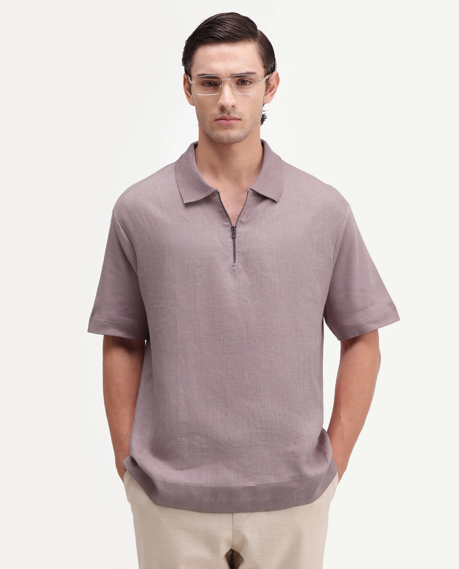 Rare Rabbit Men's Cosma-S26 Dusky Pink Linen Blend Fabric Half Sleeve Spread Collar Regular Fit Plain Polo