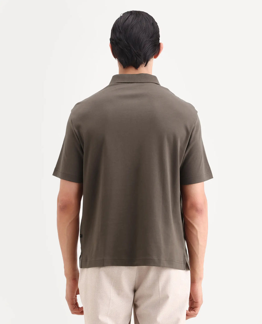 Rare Rabbit Men's Cosma-S26 Olive Linen Blend Fabric Half Sleeve Spread Collar Regular Fit Plain Polo