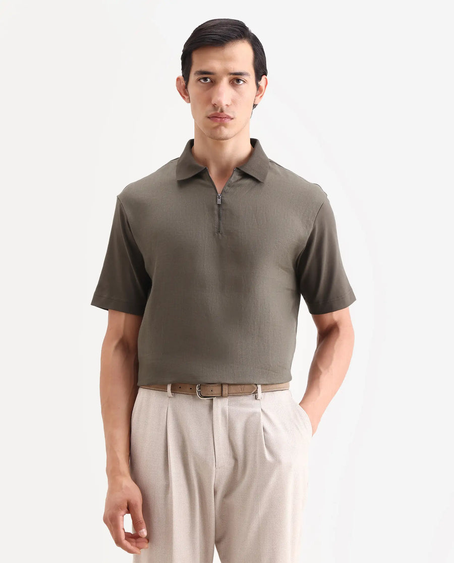Rare Rabbit Men's Cosma-S26 Olive Linen Blend Fabric Half Sleeve Spread Collar Regular Fit Plain Polo