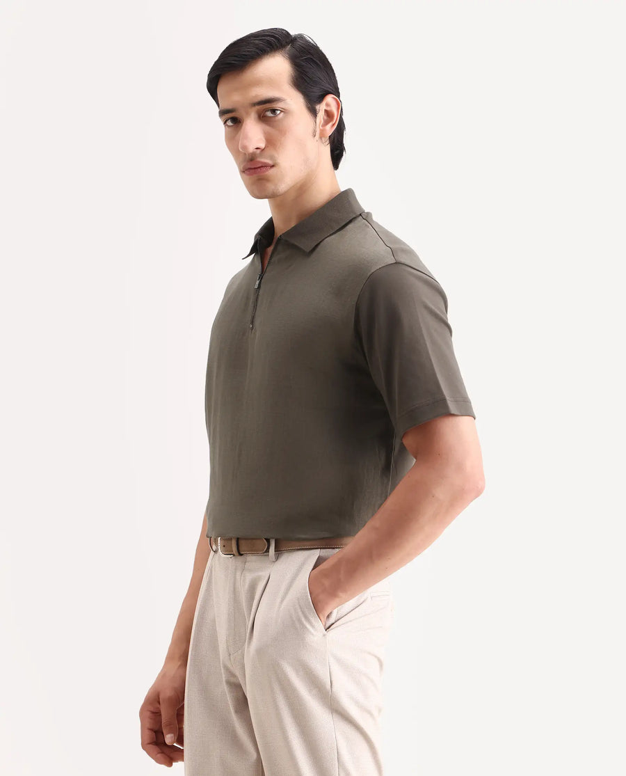 Rare Rabbit Men's Cosma-S26 Olive Linen Blend Fabric Half Sleeve Spread Collar Regular Fit Plain Polo