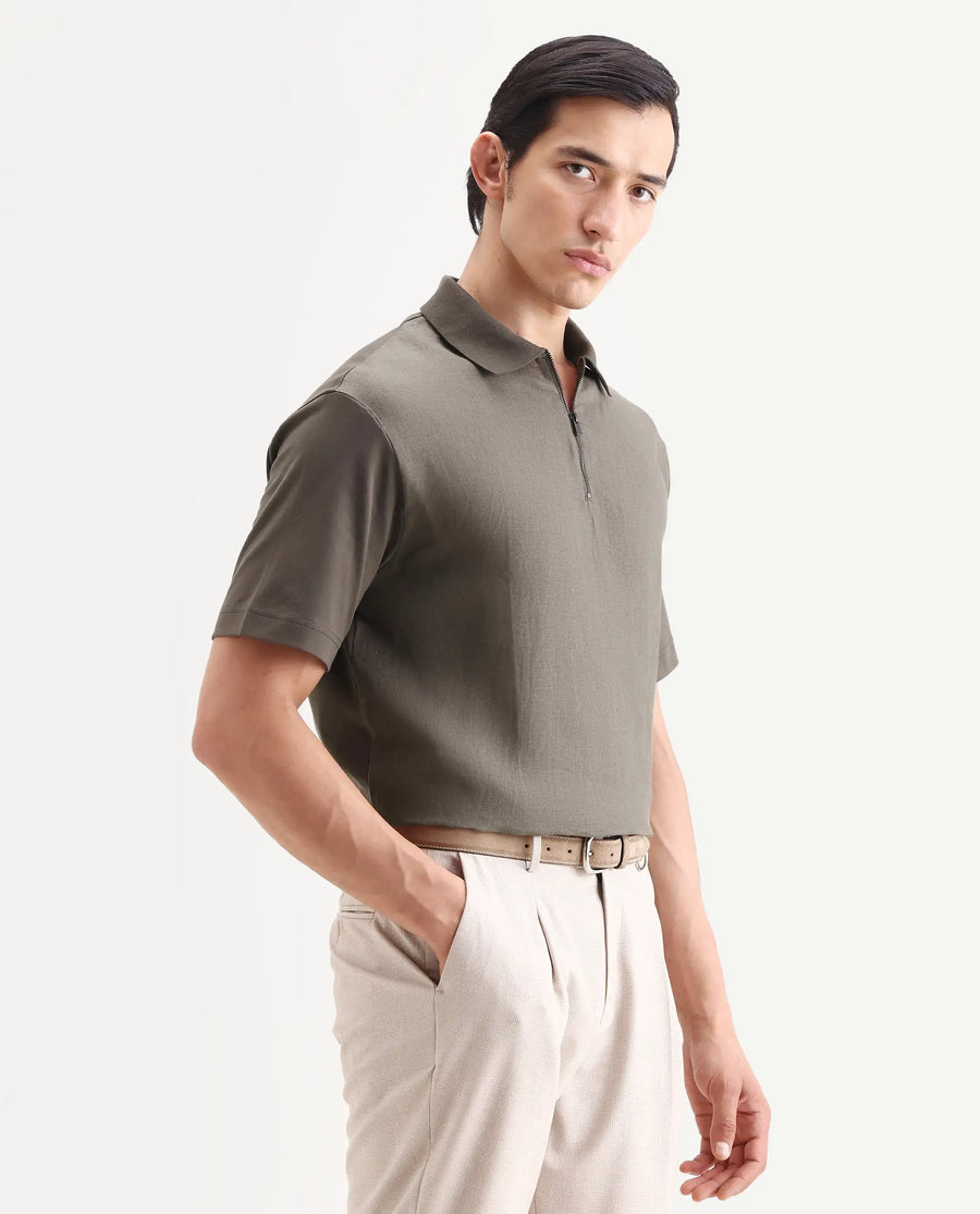 Rare Rabbit Men's Cosma-S26 Olive Linen Blend Fabric Half Sleeve Spread Collar Regular Fit Plain Polo