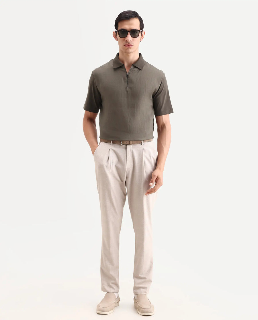 Rare Rabbit Men's Cosma-S26 Olive Linen Blend Fabric Half Sleeve Spread Collar Regular Fit Plain Polo