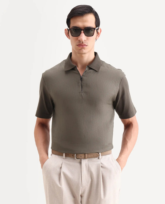 Rare Rabbit Men's Cosma-S26 Olive Linen Blend Fabric Half Sleeve Spread Collar Regular Fit Plain Polo