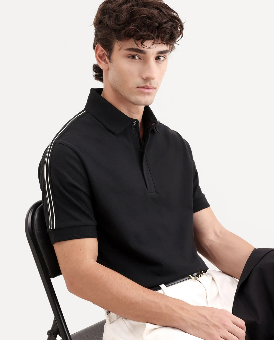 Rare Rabbit Men's Cron-S26 Black Cotton Blend Fabric Half Sleeve Spread Collar Regular Fit Plain Polo