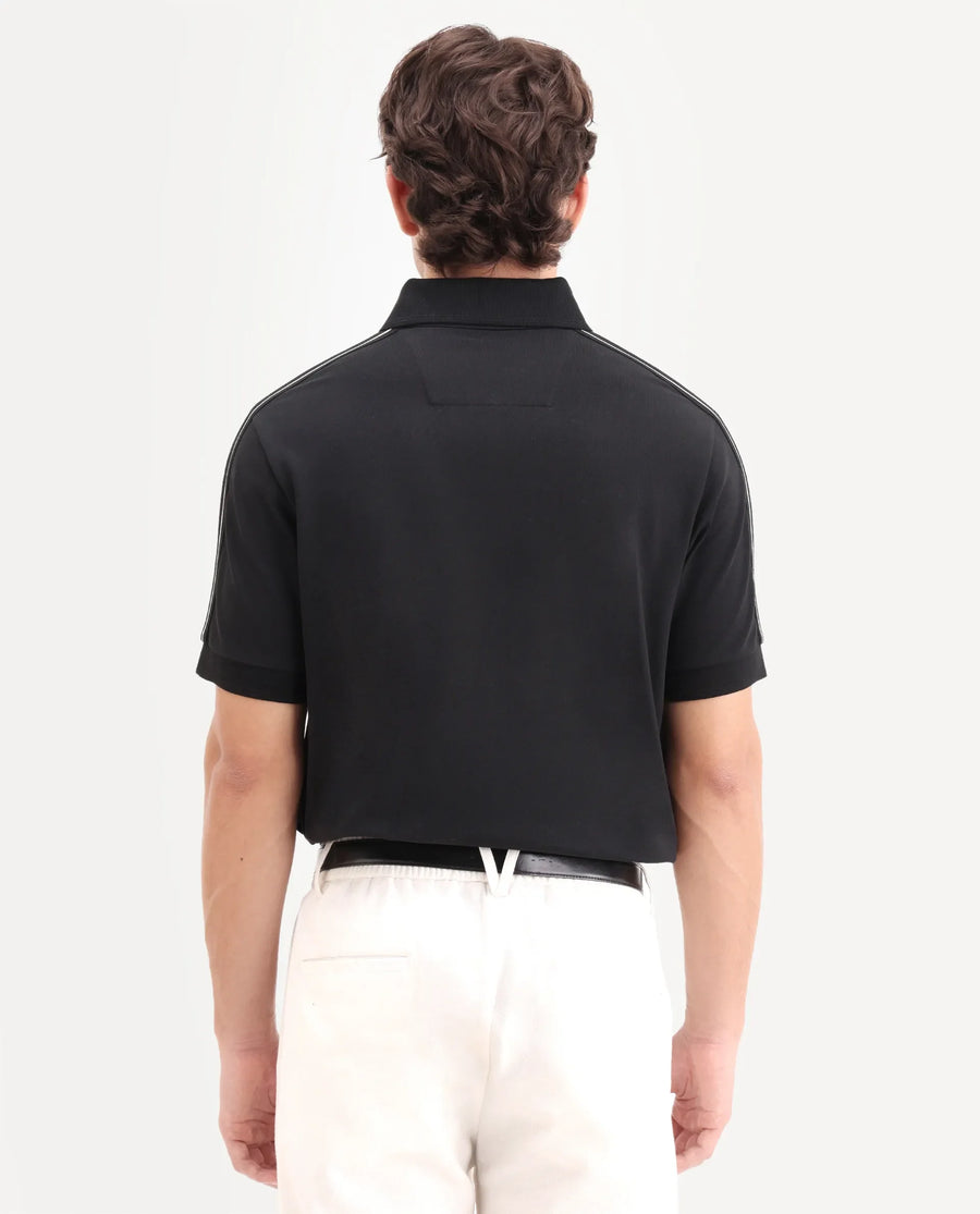 Rare Rabbit Men's Cron-S26 Black Cotton Blend Fabric Half Sleeve Spread Collar Regular Fit Plain Polo