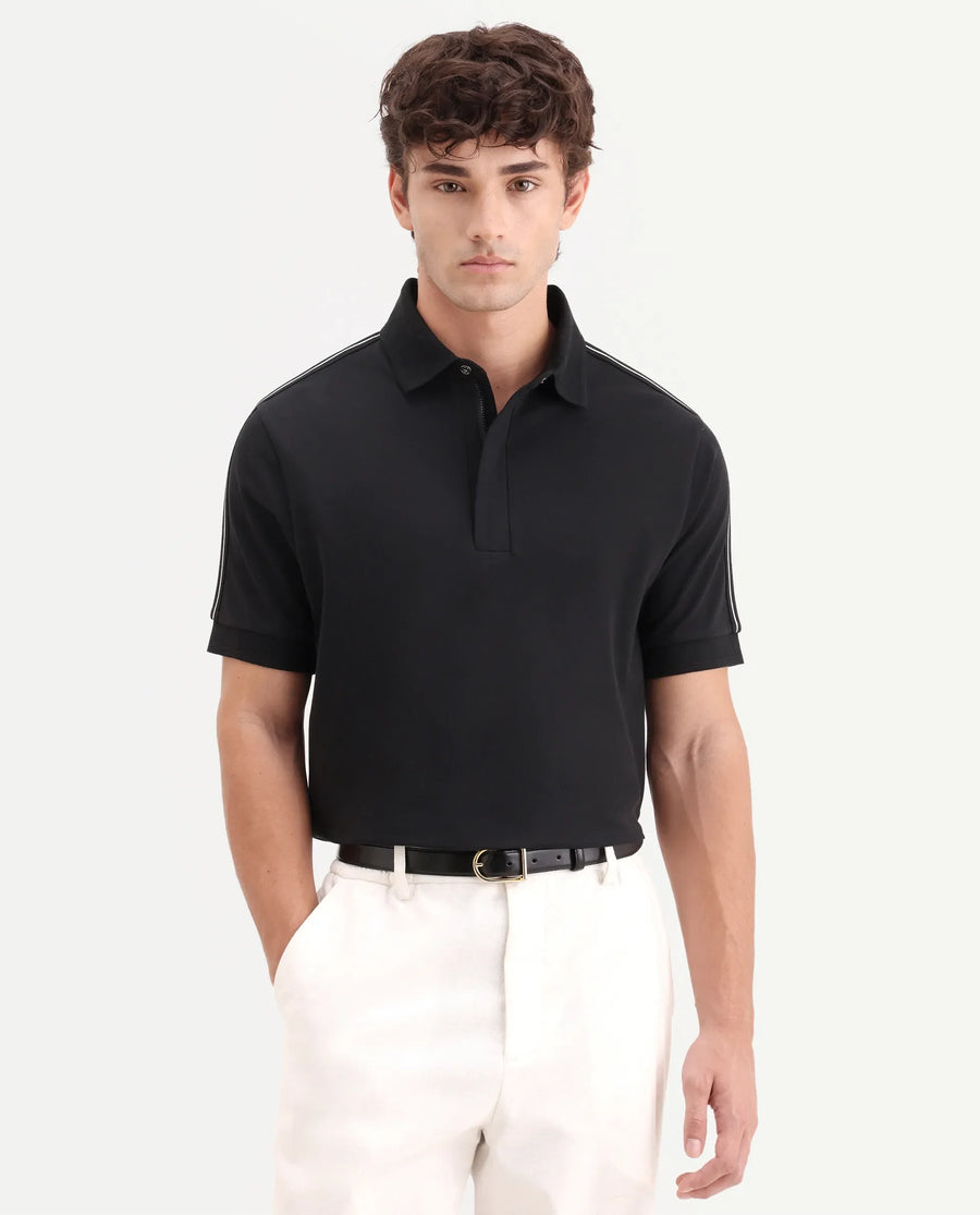 Rare Rabbit Men's Cron-S26 Black Cotton Blend Fabric Half Sleeve Spread Collar Regular Fit Plain Polo