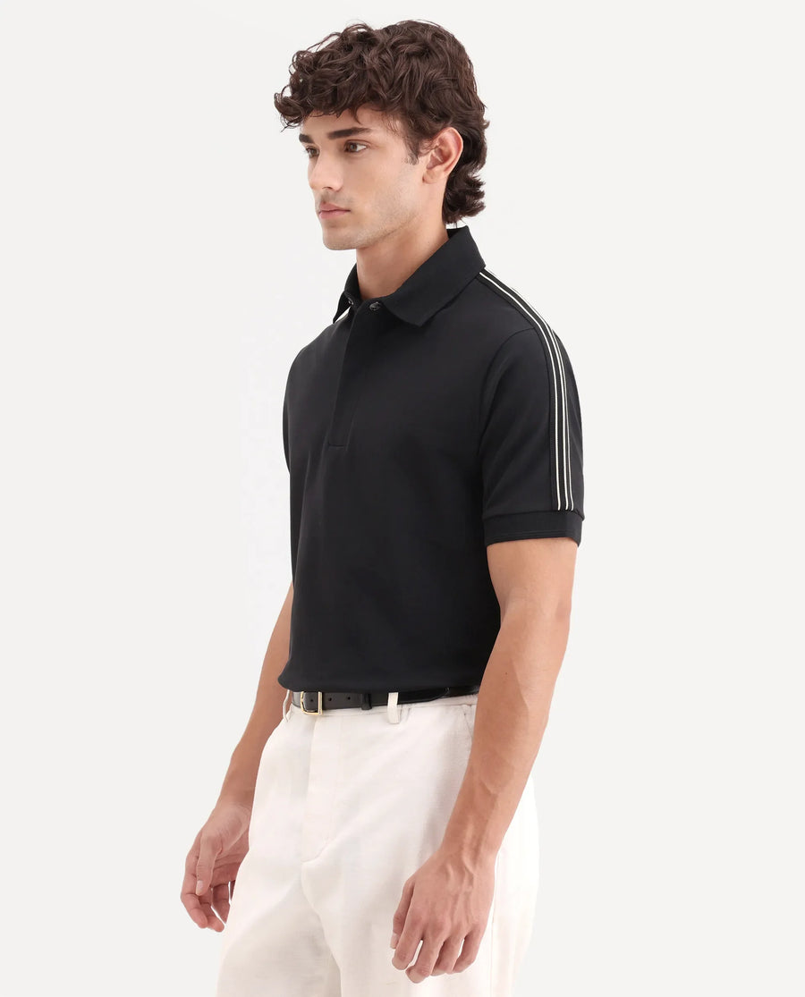 Rare Rabbit Men's Cron-S26 Black Cotton Blend Fabric Half Sleeve Spread Collar Regular Fit Plain Polo